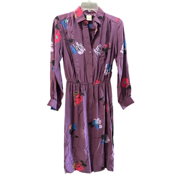 Vintage Purple Floral 100% Silk Button Front Midi Shirt Dress Size 10 - Picture 1 of 5